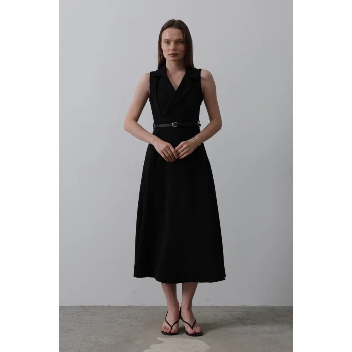 Sıfır Kollu Kemer Detaylı Elbise - Siyah