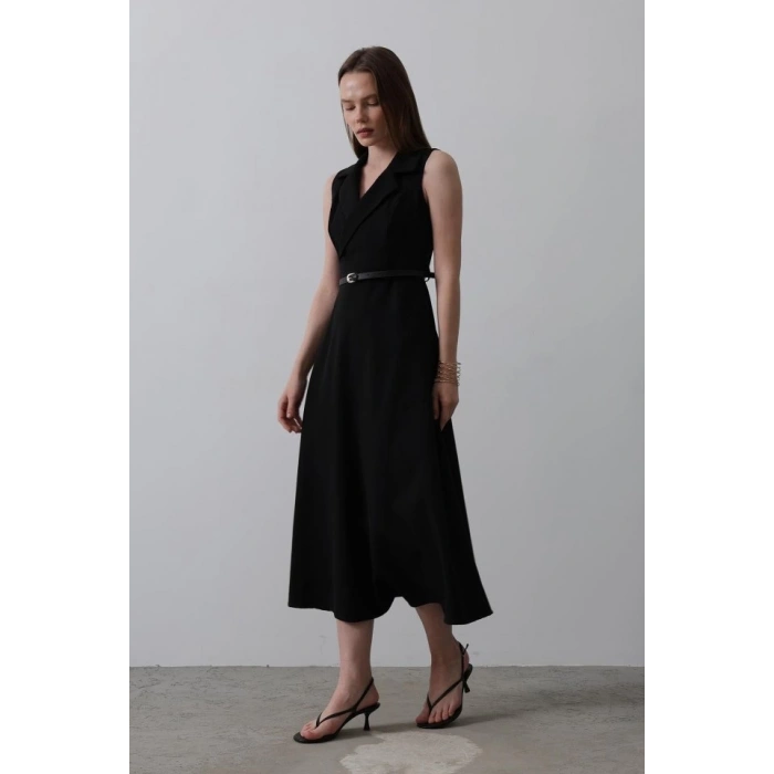 Sıfır Kollu Kemer Detaylı Elbise - Siyah