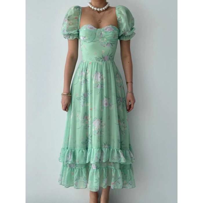 ŞİFON KUMAŞ DİJİTAL DESEN BASKILI ELBİSE