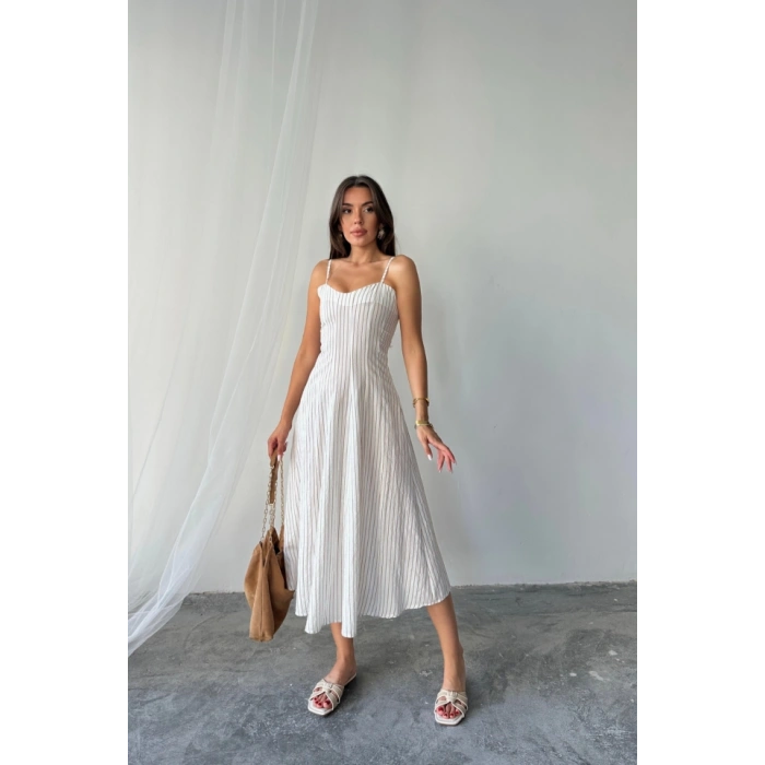 SİMLİ ÇİZGİLİ ASKILI ELBİSE MİDİ BOY - Kahverengi