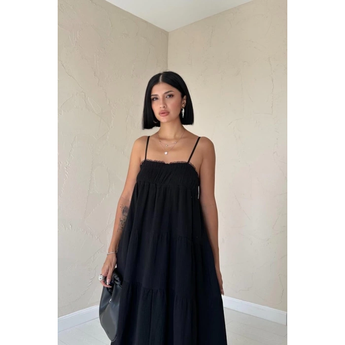 Siyah Askılı Parçalı Müslin Elbise