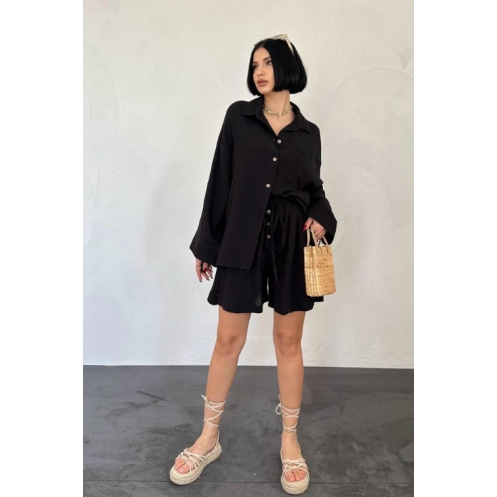 Siyah Gömlek Ve Müslin Şort Takım