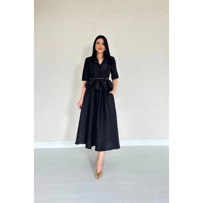 Siyah İnce Kemerli Fırfırlı Ceket Ve Büzgülü Etek Takım