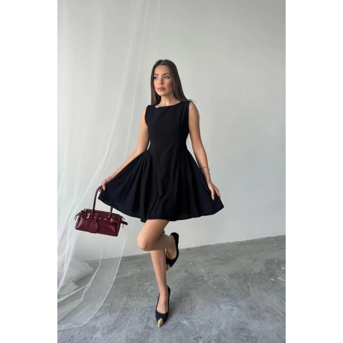 Siyah Mini Boy Büzgülü Keten Elbise