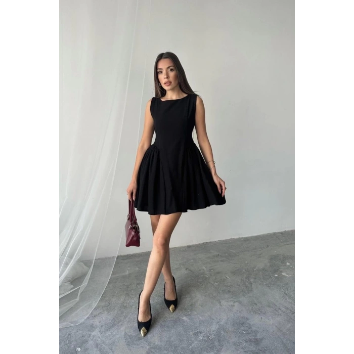 Siyah Mini Boy Büzgülü Keten Elbise