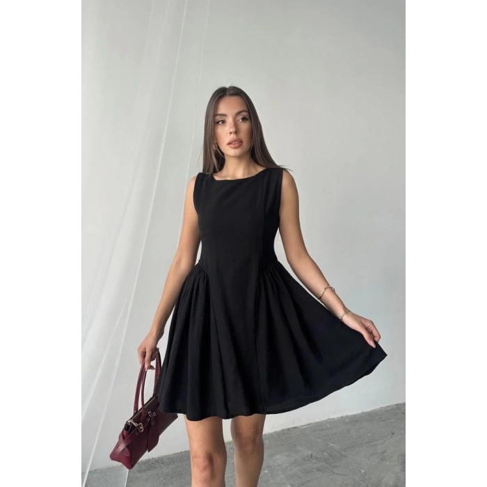 Siyah Mini Boy Büzgülü Keten Elbise
