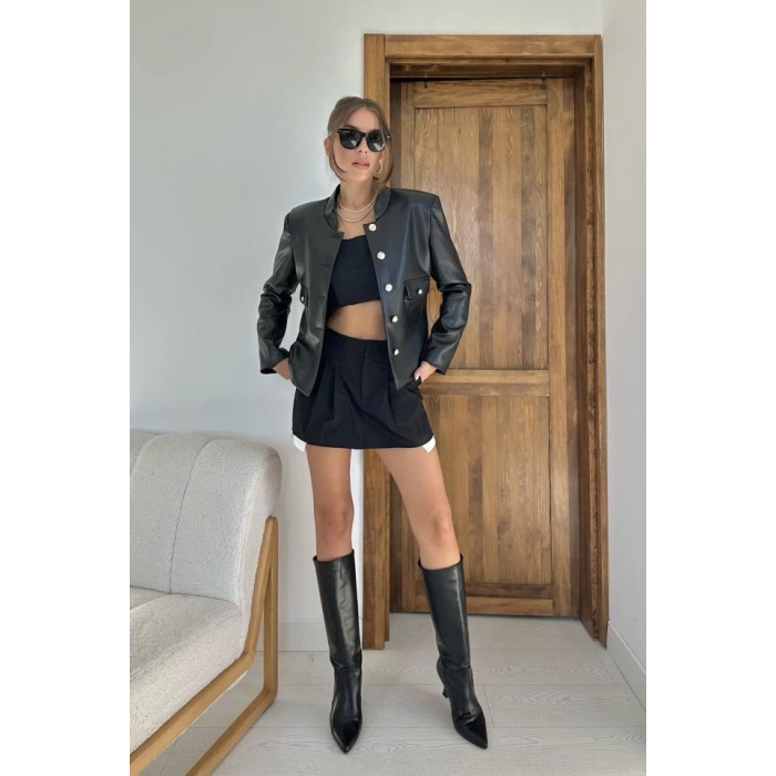 Siyah Önü Düğme Kapamalı Deri Ceket