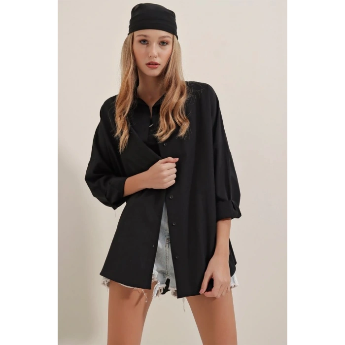 Siyah Oversize Uzun Basic Gömlek 3900