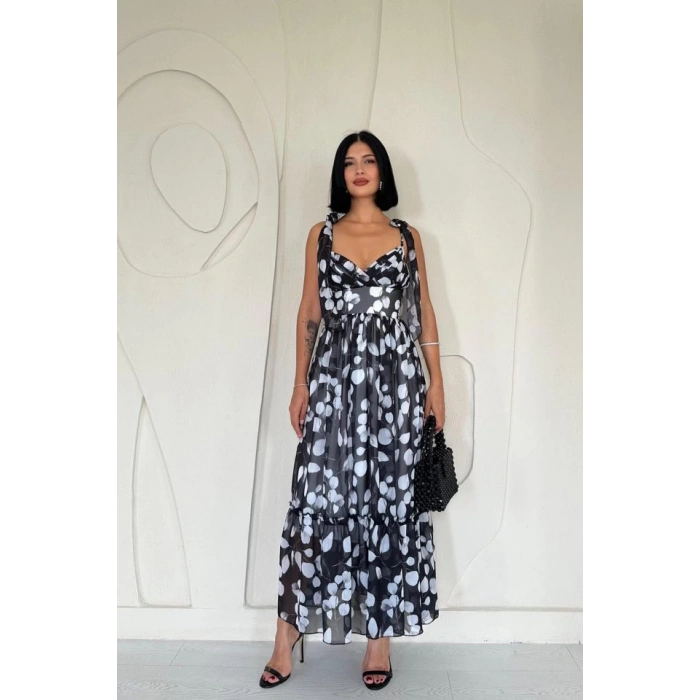 Siyah Şifon Drapeli Elbise