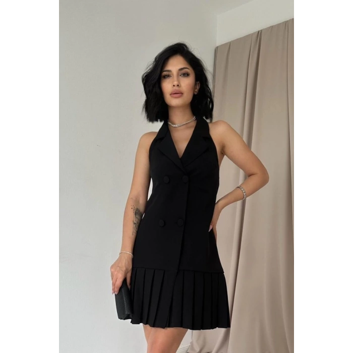 Siyah Sırtı Açık Ceket Yakalı Elbise