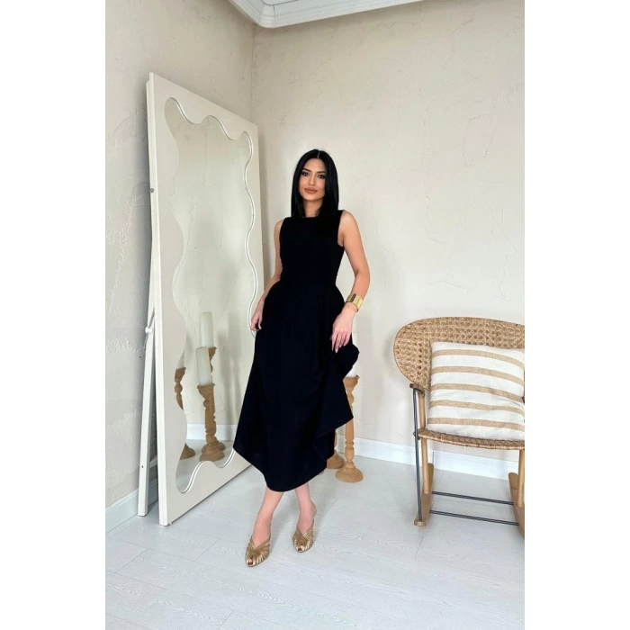 Siyah Yanları Büzgülü Midi Boy Keten Elbise