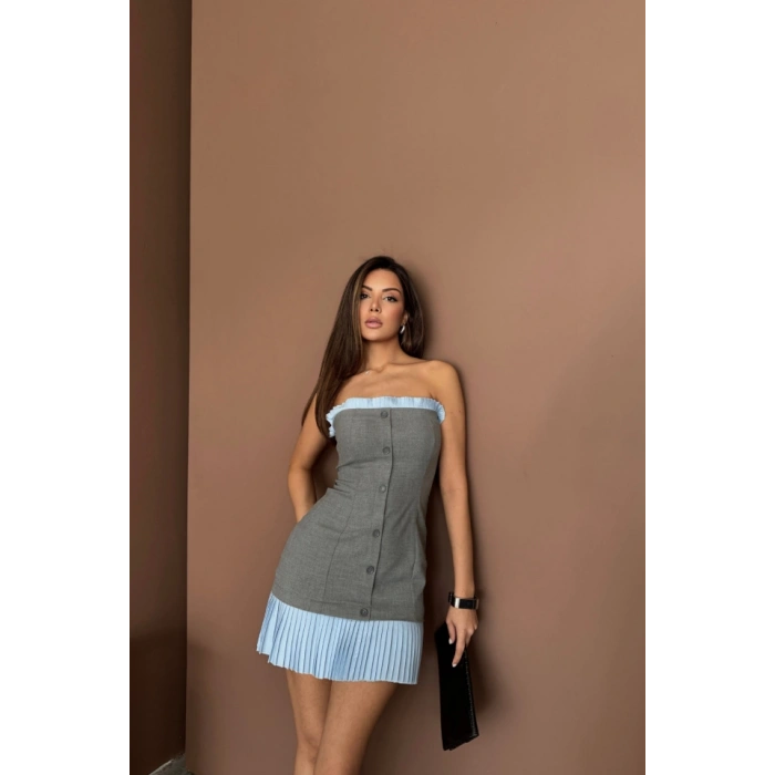 STRAPLEZ POLVİSKON ELBİSE MAVİ FIRFIR DETAYLI - Gri