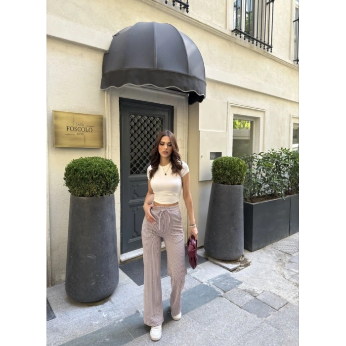 Su Yolu Çizgili Kolay Kombinle Ne Bilir Cepli Pantolon - Bordo