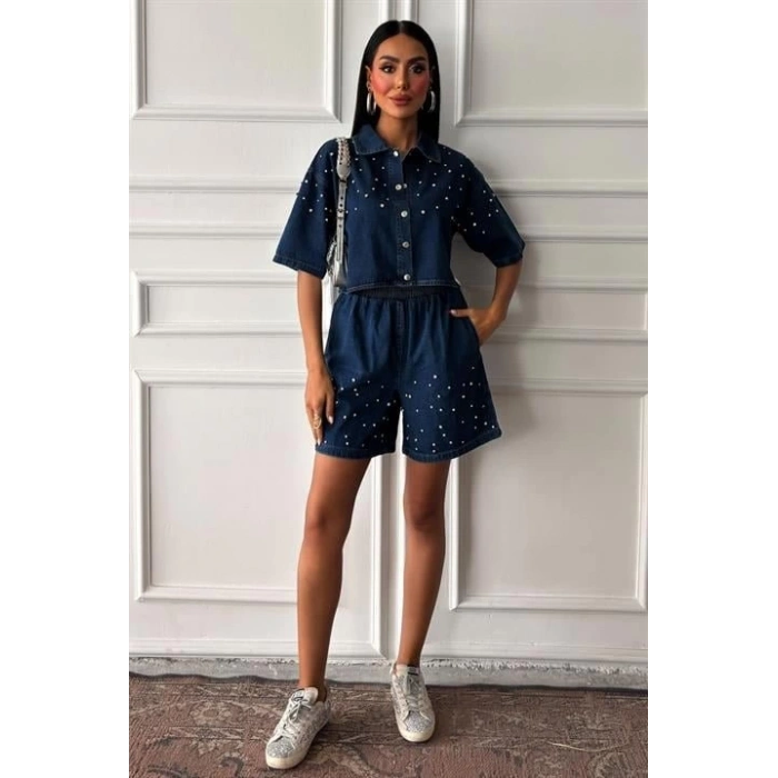 Taş Detaylı Gömlek Şort Denim Takım 10175