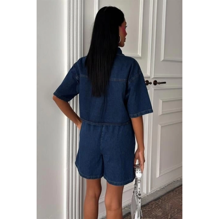 Taş Detaylı Gömlek Şort Denim Takım 10175