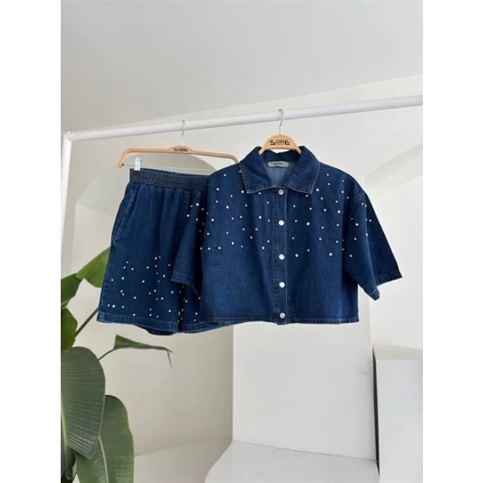 Taş Detaylı Gömlek Şort Denim Takım 10175