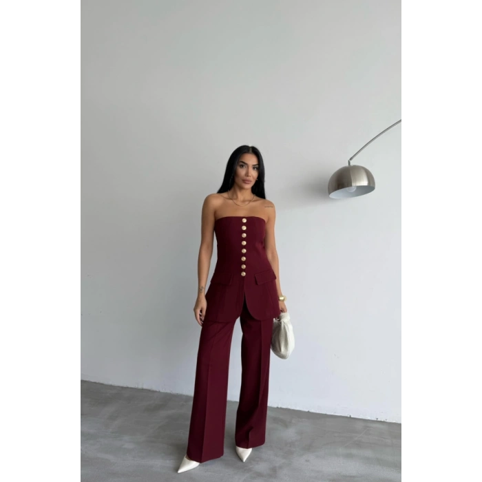 TASARIM GOLD DÜĞMELİ STRAPLEZYELEK - Bordo