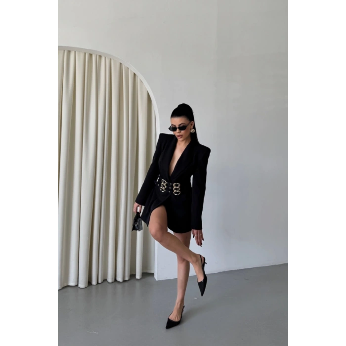 TEK DÜĞME CEKET 3 TOKALI KEMER SÜSLÜ - Siyah