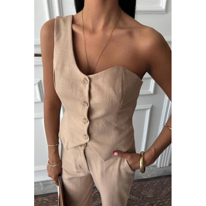 Tek Omuz Büstiyer Plazzo Pantolon Viscon Takım 10159