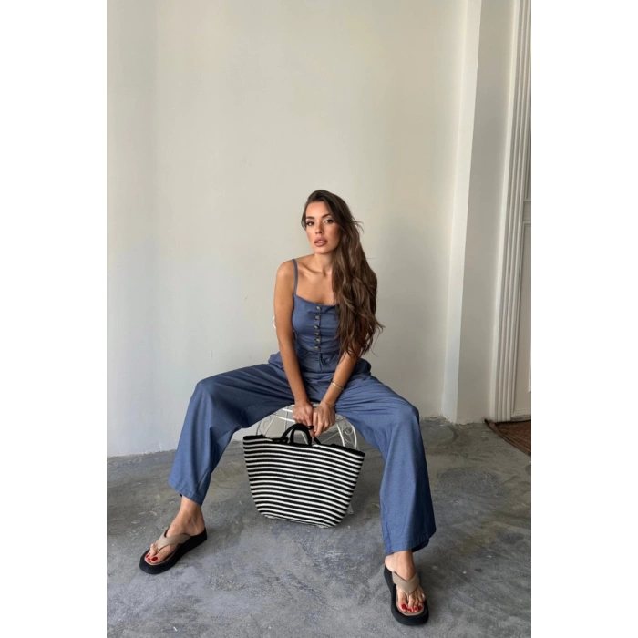 TENCEL CROP ASKILI BLUZ - ŞALVAR PANTOLON TK - İndigo