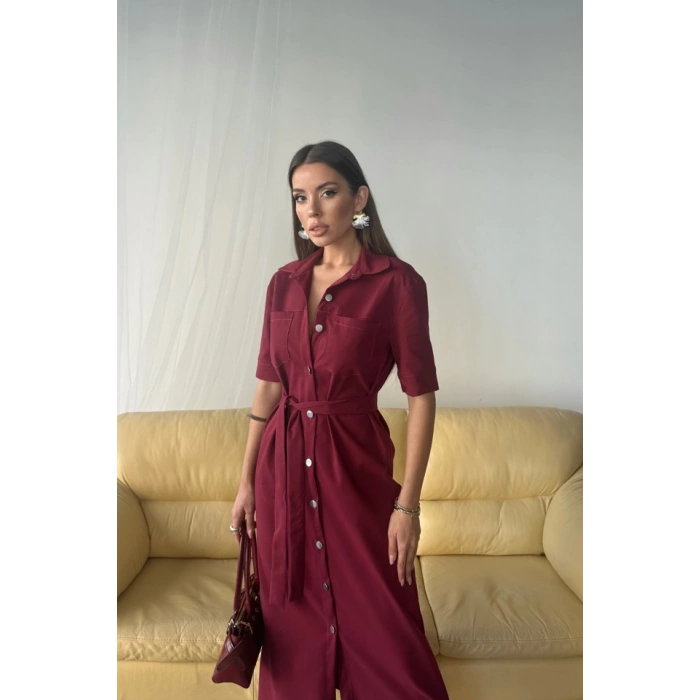 TENCEL ÖNDEN DÜĞMELİ KISA KOL ELBİSE - Bordo