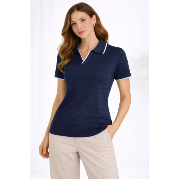 Triko Kumaş Yakalı Düğmesiz Açık Yaka Fitilli Kısa Kollu Regular Fit Tişört T-shirt - Lacivert