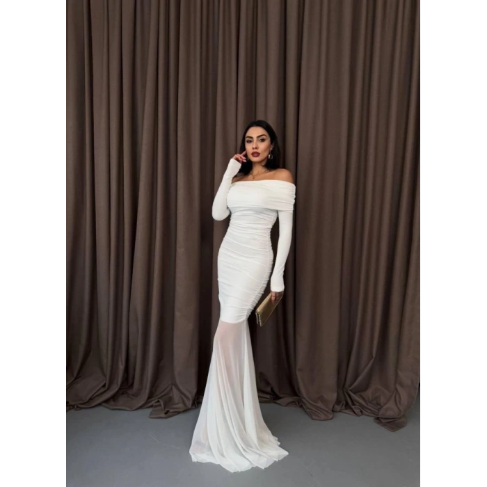 Tül Detaylı Straplez Elbise