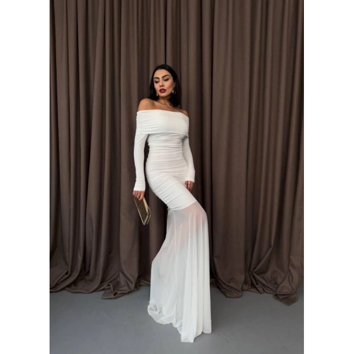 Tül Detaylı Straplez Elbise