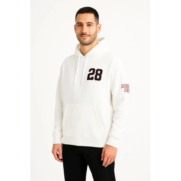 Üç İplik Kapüşonlu Ön Ve Arka Baskılı SweatShirt Hoodie - Beyaz