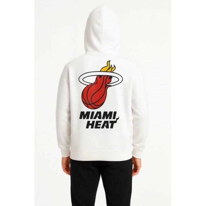 Üç İplik Kapüşonlu Ön Ve Arka Baskılı SweatShirt Hoodie - Beyaz