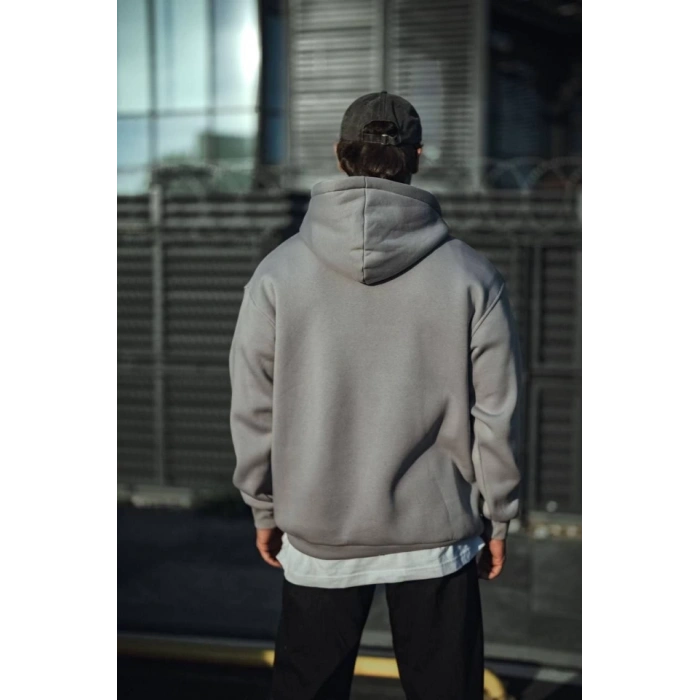 Üç İplik Penye Kapşonlu Basic SweatShirt - Boyalı Gri