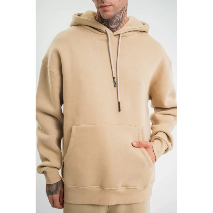 Unisex Double Oversize Kapşonlu Basic SweatShirt - Bej