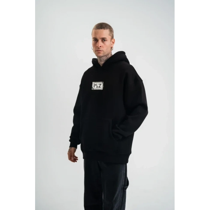 Unisex Kapşonlu Uzun Kol Patchli Nakışlı SweatShirt - Siyah