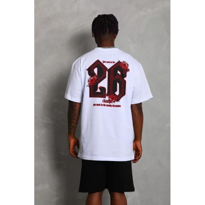 Unisex Oversize Baskılı Bisiklet Yaka T-Shirt - Beyaz