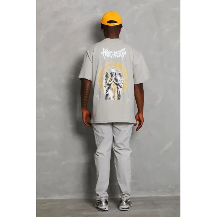 Unisex Oversize Baskılı Bisiklet Yaka T-Shirt - Gri