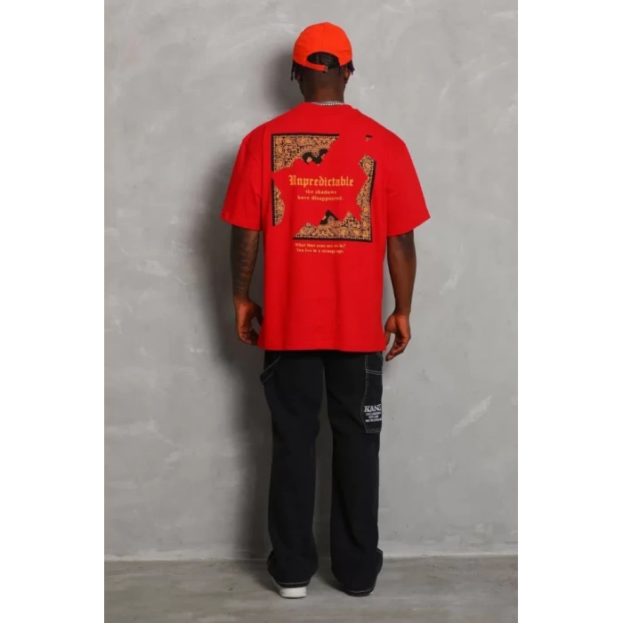 Unisex Oversize Baskılı Bisiklet Yaka T-Shirt - Kırmızı