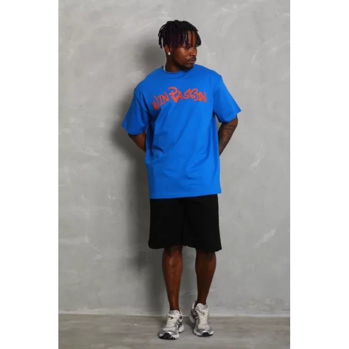 Unisex Oversize Baskılı Bisiklet Yaka T-Shirt - Mavi