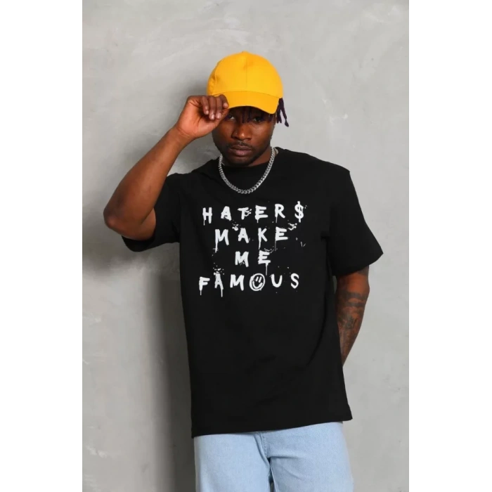 Unisex Oversize Baskılı Bisiklet Yaka T-Shirt - Siyah