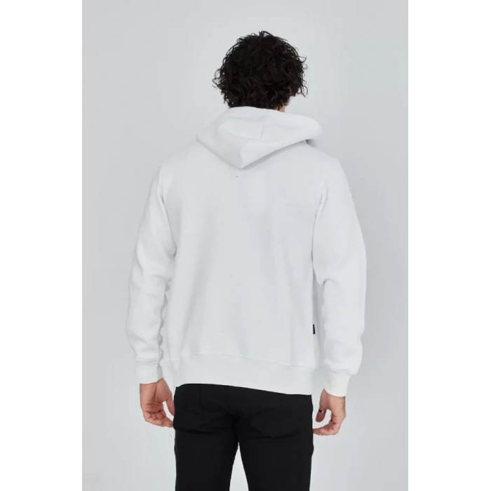 Unisex Tam Fermuarlı Kapşonlu  SweatShirt - Beyaz