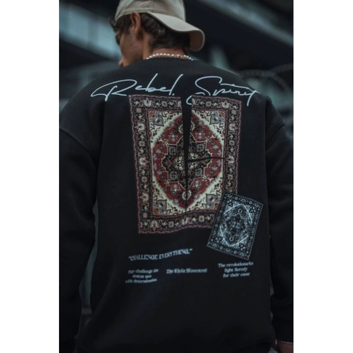 Uzun Kol Bisiklet Yaka Baskılı SweatShirt - Siyah