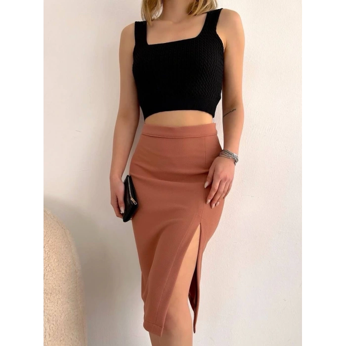 Uzun midi boy yırtmaçlı etek somon s24907