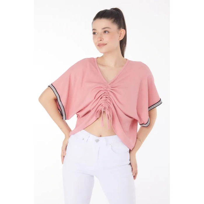 V yaka büzgülü detaylı bluz