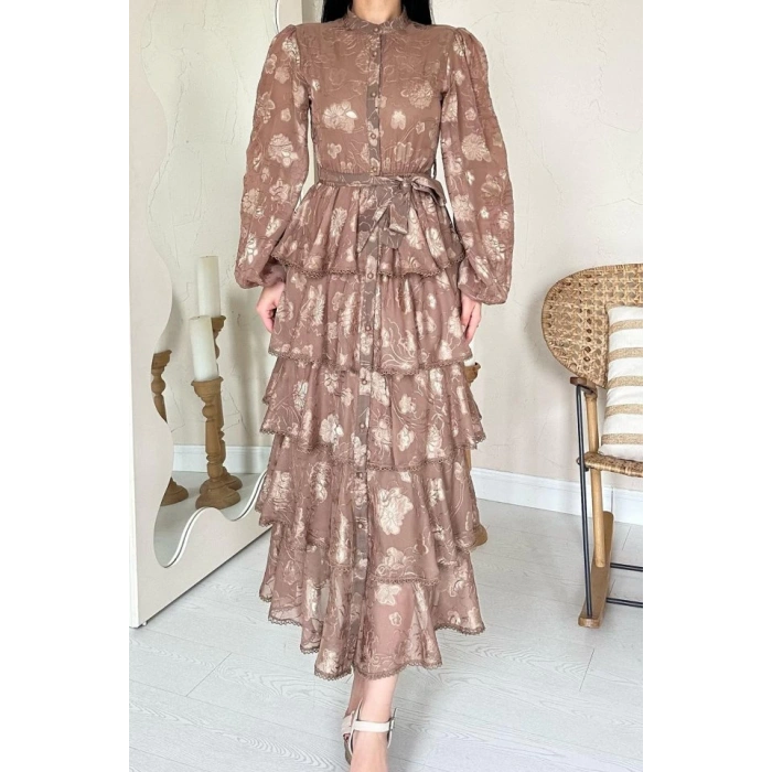 Vizon Valonlu Şeritli Kat Kat Elbise