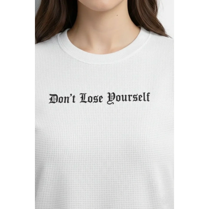 Wafıl Kumaş Tişört Regular Kalıp Bisiklet Yaka Baskılı Günlük Basic T-Shirt - Beyaz