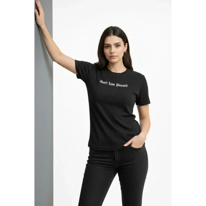 Wafıl Kumaş Tişört Regular Kalıp Bisiklet Yaka Baskılı Günlük Basic T-Shirt - Siyah