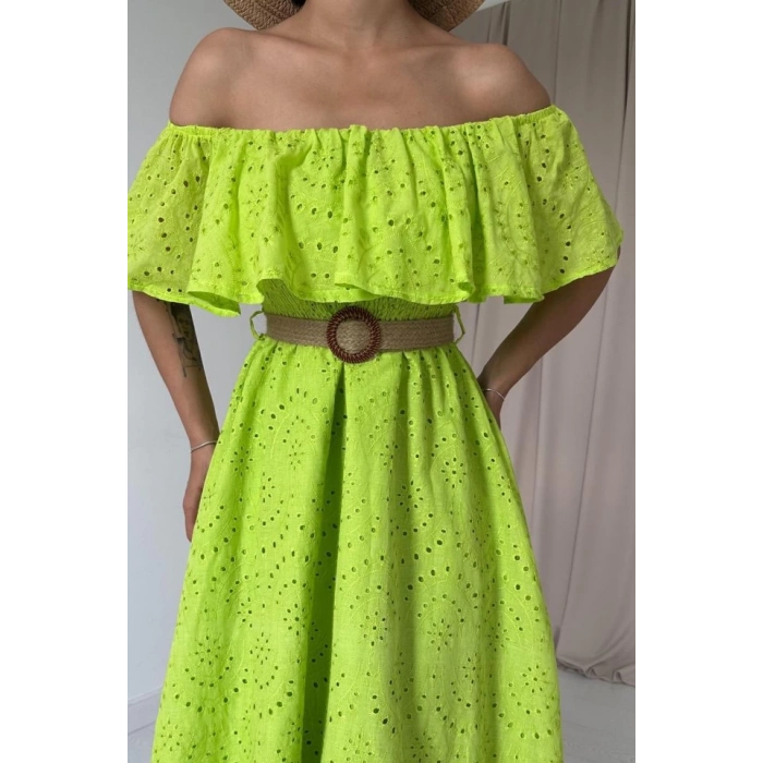 Yağ Yeşili Omzu Lastikli Brode Elbise