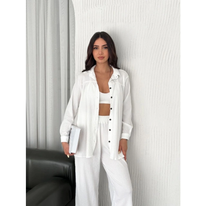 Yakalı Düğmeli Uzun Kollu Gömlek Pantolon Ikili Takım - Beyaz