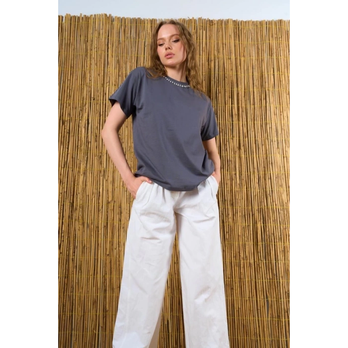 Yakası Taşlı Tshirt - Füme