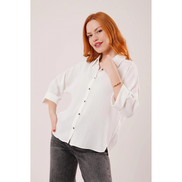 Yarasa Kol Rahat Kalıp Beyaz Gömlek