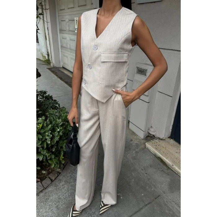 Yeleği Çapraz Detay Düğmeli Cepli Yelekli Takım 10150